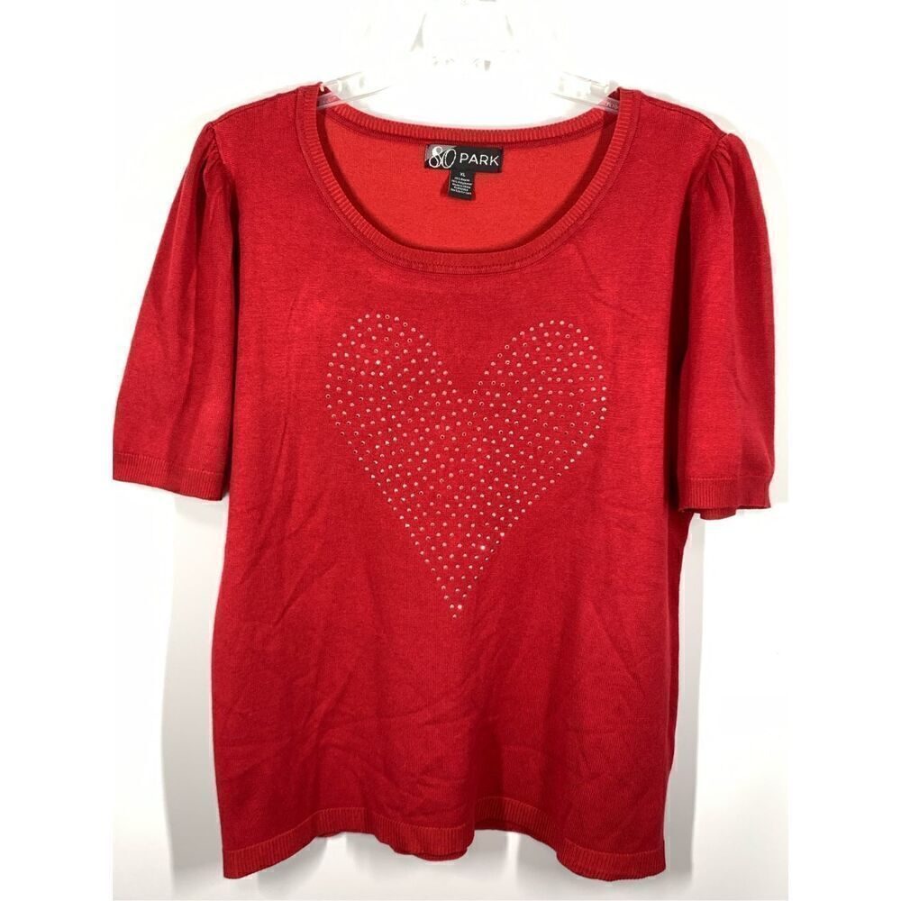 80 Park Women's Rhinestone Heart Short Sleeve Blouse Red Size XL